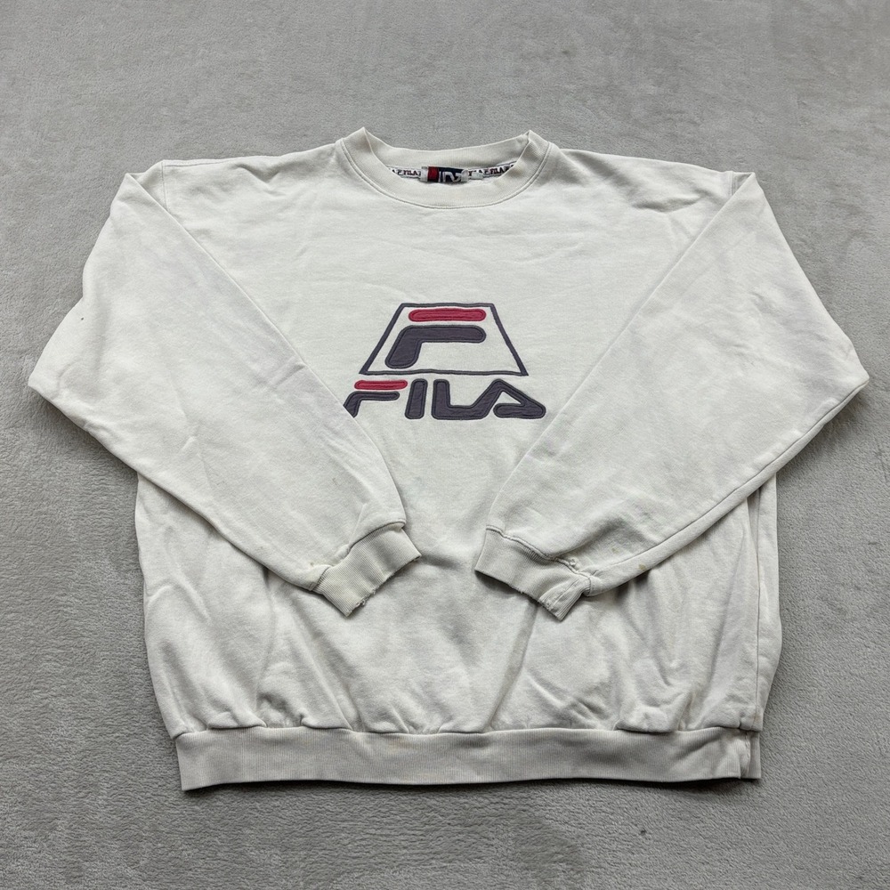 Vintage Fila Sweatshirt Mens XL Cream Vintage Embroidered Logo Crewneck Pullover